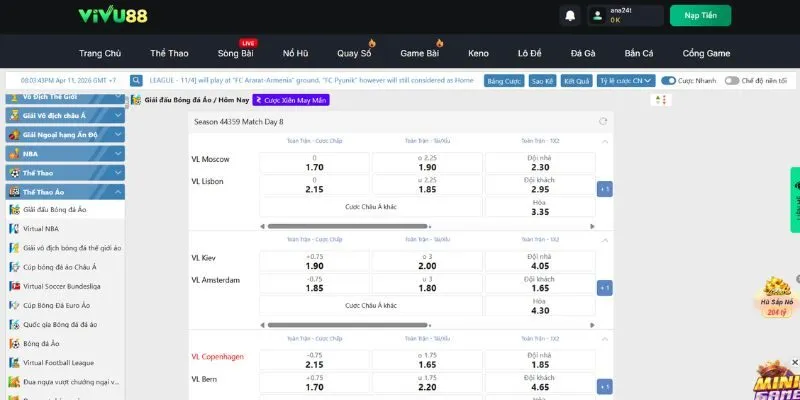 Bảng tỷ lệ kèo SABA Virtual được thiết lập hợp lý và cạnh tranh