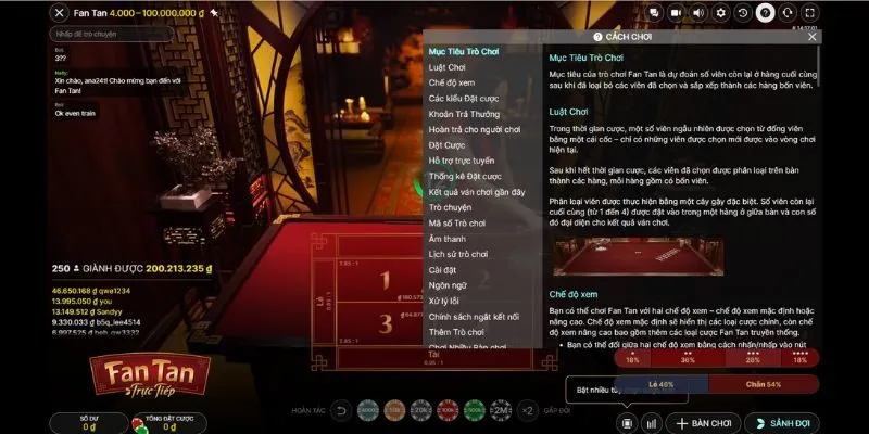 Cách chơi Fantan Live được hiển thị rõ ràng và chi tiết trên màn hình