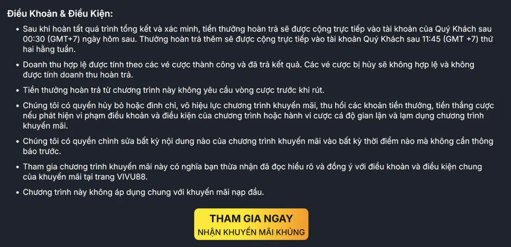 Bảng điều khoản và điều kiện chi tiết giúp người chơi nắm rõ quy trình nhận thưởng tại Vivu88