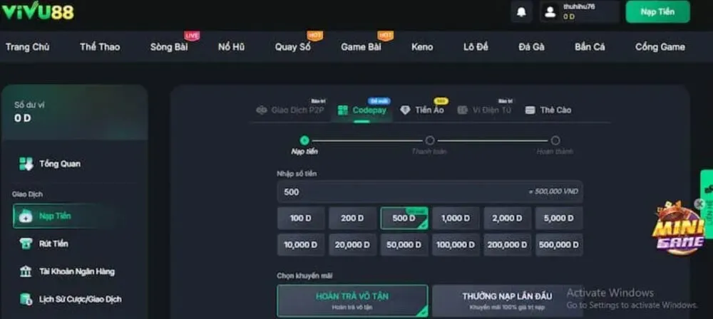 Giao diện các phương thức nạp tiền đa dạng tại hệ thống Vivu88 