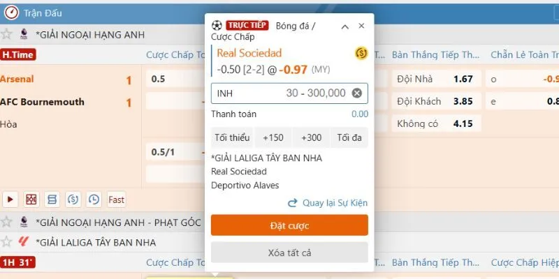 Kèo châu Á hiển thị rõ ràng tỷ lệ cược và mức cược tối thiểu trên giao diện 