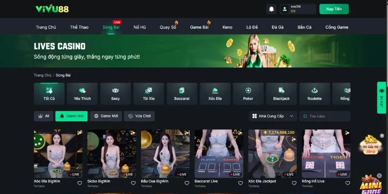Sảnh Live Casino tại nhà cái Vivu88 hội tụ đa dạng các trò chơi hấp dẫn