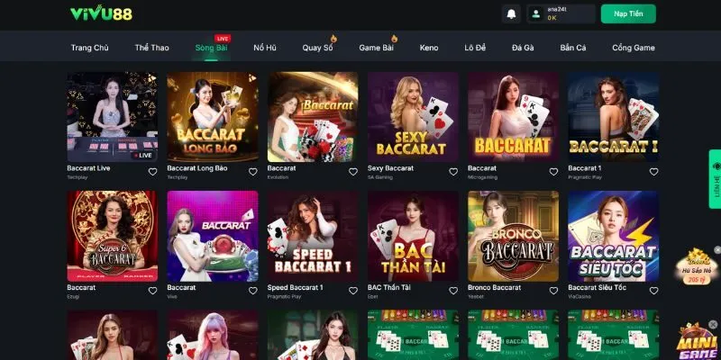 Vivu88 cung cấp các trò chơi Baccarat Live chất lượng của nhiều nhà phát hành khác nhau