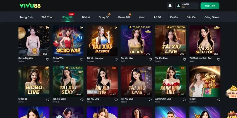Casino Vivu88 cung cấp đa dạng các trò chơi Tài Xỉu Live của nhiều nhà cái uy tín